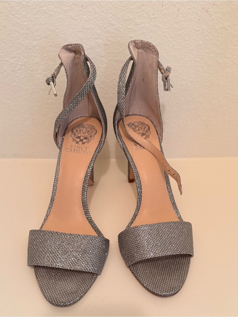 Vince Camuto Metallic Silver Open-Toe Ankle-Strap Heels